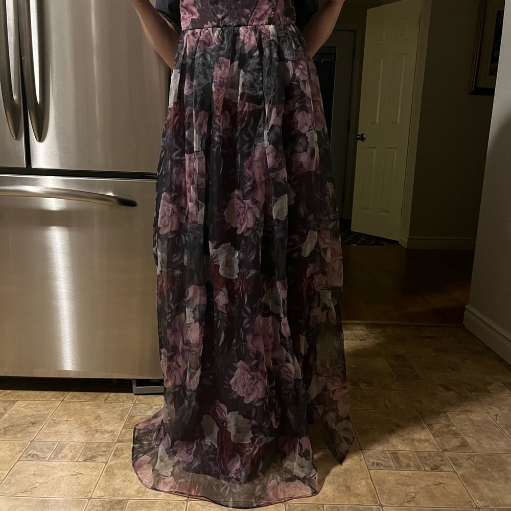 Beautiful never-worn dress for prom or a wedding. Purple flowered, strapless.